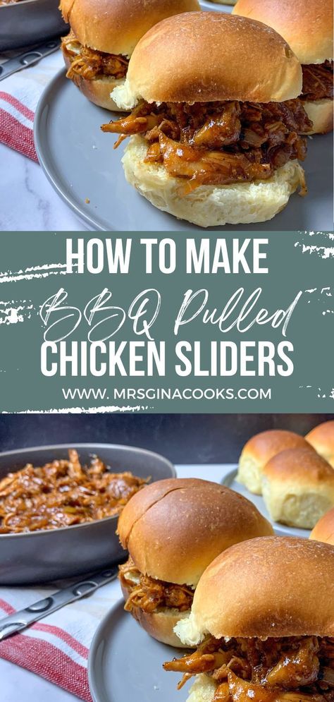 how-to-make-bbq-pulled-chicken-sliders-recipe-chicken-recipe-traditional-mexican-recipes-authentic-mexican-recipes-easy-dinner-recipe-mexican-food-authentic-mexican-food-super-bowl-recipes-football-appetizers-football-party-food-super-bowl-sunday-recipes-mrs-gina-cooks-food-blog Braising Ribs Recipe, Bbq Pulled Chicken Sliders, Sliders Chicken, Pulled Chicken Sliders, Super Bowl Finger Foods, Superbowl Food Appetizers, Pulled Chicken Recipes, Bbq Pulled Chicken, Bbq Sliders