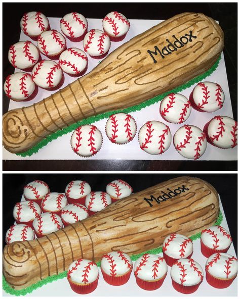 Baseball bat cake with baseball cupcakes Baseball Bday Cake, Baseball Theme Birthday Party Cake, Baseball Cupcakes For Boys, Baseball Cupcake Cake, Baseball Cakes For Boys Birthdays, Baseball Bat Cake, Baseball Cookie Cake, Baseball Cake Ideas, Baseball Cupcake Cakes