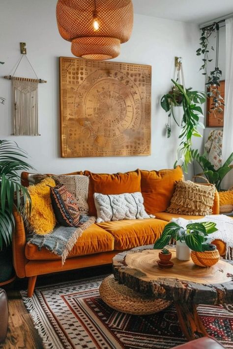 Love the vintage touchInject personality into your living room with these boho decor ideas featuring timeless vintage findsClick for more ideas！ Simple Boho Decor Living Room, Yellow Bohemian Living Room, Boho Living Room Decor Bright Colors, Colorful Vintage Living Room, Yellow Aesthetic Home, Living Room Color Palette Ideas, Boho Vintage Living Room, Orange Couch Living Room Ideas, Yellow Couch Living Room