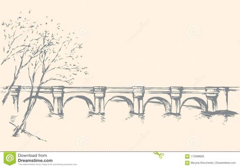 Cityscape With Bridge Over River. Vector Drawing Stock Vector - Illustration of crown, classicism: 112999608 Bridge Over River, Bridge Drawing, Border Background, Doodle Cartoon, River Art, Scenic View, White Sky, Vector Drawing, Cartoon Style