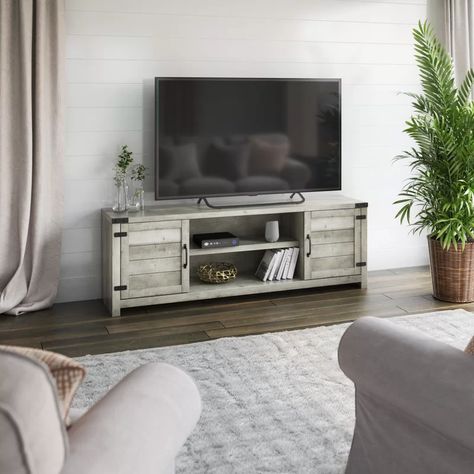 August Grove® Parwich TV Stand for TVs up to 80" & Reviews | Wayfair Dark Brown Floor, 70 Inch Tv Stand, White Tv Stand, Barn Door Tv Stand, Oak Tv Stand, Farmhouse Tv, Walker Edison Furniture, Farmhouse Tv Stand, Tv Stand Console