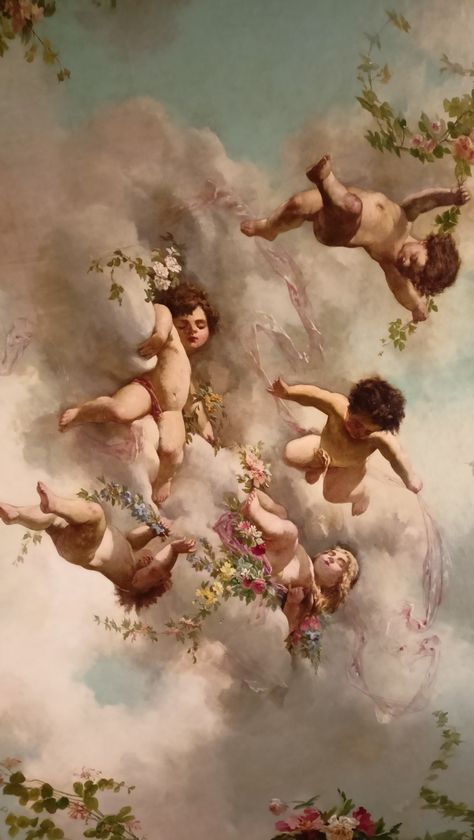 Angel Ceiling Painting, Cherubs Aesthetic, Cherub Aesthetic, Angel Ceiling, Painting Ethereal, Cherub Art, Angel Bebe, Greek Paintings, Ceiling Painting