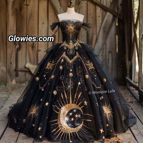 Prom Dress Celestial, Moon Themed Dress, Celestial Wedding Dress Starry Nights, Night Inspired Dress, Moon Ball Gown, Sun Themed Dress, Celestial Ball Gown, Gold And Black Dresses, Halloween Ball Gown