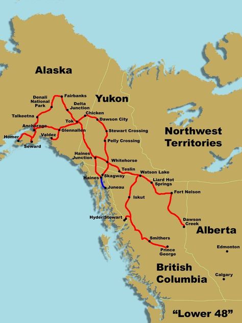 ALASKA 60 DAY Route Map Alcan Highway, Alaska Road Trip, Yukon River, Travel Alaska, Canadian Road Trip, North To Alaska, Rv Trips, Alaska Highway, Alaska Trip