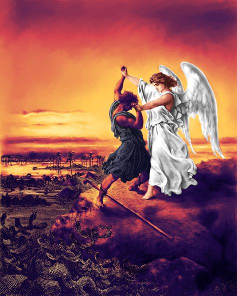 Jacob Wrestles With God Coloring Page, Jacob Wrestles With God, Biblical Angel Illustration, Angels On Horseback, Jacob Wrestling With The Angel, Wrestling With The Angel, Gustave Dore, Vs Angels, The Angel