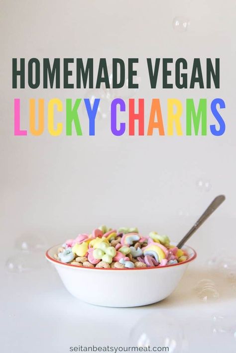 These vegan Lucky Charms are homemade with aquafaba marshmallows! Making this cereal is a fun, kid-friendly project. #kidfriendly #rainbowfood #veganluckycharms #seitanbeatsyourmeat Aquafaba Marshmallows, Lucky Charms Recipes, Vegan Easter Dinner, Recipes Burgers, Aquafaba Recipes, Easy Microwave Recipes, Vegan Easter Recipes, Diy Oatmeal, Lucky Charms Marshmallows