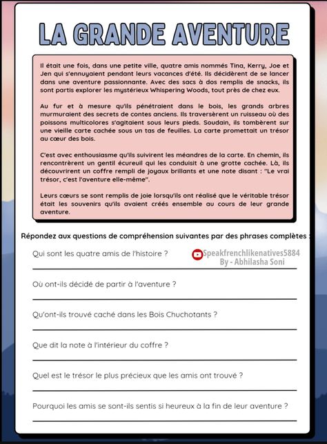 French Reading Comprehension Worksheets, French Comprehension, French Reading Comprehension, French Reading, French Conversation, Basic French, Basic French Words, French Worksheets, French Language Lessons