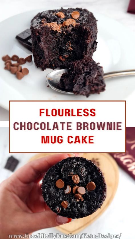 This fudgy and easy-to-make keto chocolate brownie mug cake is perfect for when you’re craving something sweet that is healthy and keto-friendly. It’s also flourless, gluten-free, low-carb, and sugar-free. You can enjoy this quick and easy dessert without spending hours cooking in the week. Gluten Free Brownie In A Mug, Chocolate Brownie Mug Cake, Flourless Mug Cake, Brownie Mug Cake, Healthy Chocolate Mug Cake, Brownie Mug, Flourless Chocolate Brownies, Mug Brownie Recipes, Quick Keto Dessert