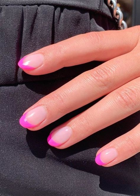 French With Hot Pink Tip, Hot Pink Tips Nails, Colored French Tip Nails Almond, French Tip Nails Hot Pink, Hot Pink Tip Nails, Colored Tip Nails, Hot Pink French Tip Nails, Hot Pink French Tips, Pedicure French