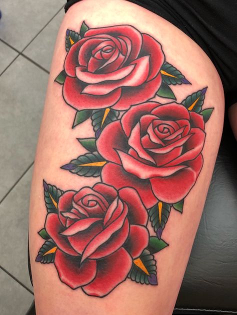 #rose #roses #traditional #traditionaltattoo #neotraditional #color #thightattoo #girlswithtattoos | By Brandon Adams | Done at Big Brain Omaha | Mar 25th 2019 | 921249 Traditional Rose Tattoo Color, Mexican Roses Tattoo, Big Rose Tattoo On Thigh, Traditional Rose Tattoo Sleeve, Big Roses Tattoo, Traditional Rose Sleeve, American Traditional Roses, Rose Color Tattoo, Neotraditional Rose Tattoo