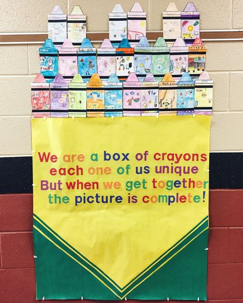 We Are Like A Box Of Crayons Quote, Crayon Box Bulletin Board, Crayons Quote, Crayon Bulletin Boards, Community Building Activities, Building Crafts, Building Classroom Community, Crayon Set, Teacher Doors