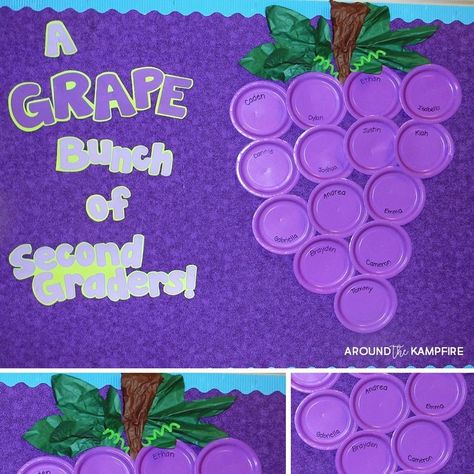 Here's a super easy back to school bulletin board idea made with purple paper plates from @dollartree and butcher paper! Grab pics of your… Cheer Painting, Door Bulletin Boards, Book Area, Meet The Teacher Night, School Brochure, Preschool Bulletin, Purple Paper, Teacher Helper, Preschool Bulletin Boards