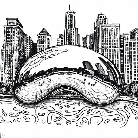 Chicago Theme Tattoo, Chicago Bean Drawing, Chicago Buildings Drawing, Chicago City Drawing, Chicago Bean Tattoo, Chicago Doodles, Chicago Skyline Drawing, Chicago Drawing, Chicago Skyline Tattoo