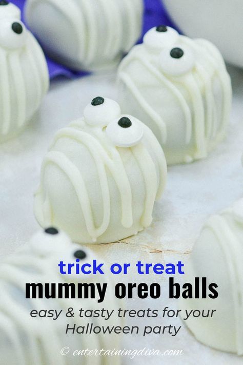 Spooky Mummy Oreo Balls | Halloween Treats Mummy Cake Balls, Halloween Oreo Balls Recipe, Mummy Oreo Balls, Ghost Oreo Balls, Oreo Balls Halloween, Mummy Oreos, Halloween Oreo Treats, Oreo Ball Recipe, Halloween Oreo Balls