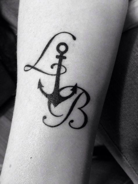 Anchor With Letter Tattoo, Anchor Tattoos For Couples, Navy Tattoo For Women, Family Anchor Tattoos, Anklet Tattoos For Women, Feminine Anchor Tattoo, Infinite Tattoo, Small Anchor Tattoos, Married Couple Tattoos