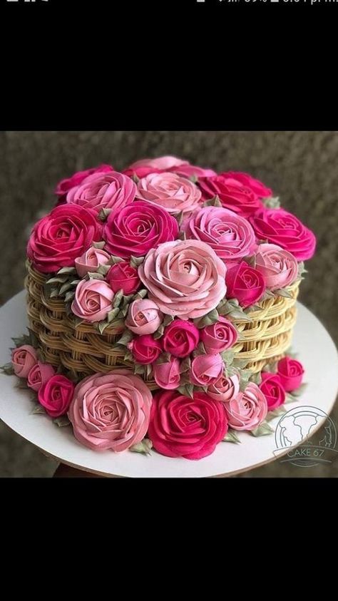 Wedding Cupcakes Fondant, Flower Basket Cake, Basket Cake, Creative Cake Decorating, Cake Decorating Frosting, Cake Decorating Ideas, Beautiful Birthday Cakes, Cake Decorating Videos, Cake Decorating Designs