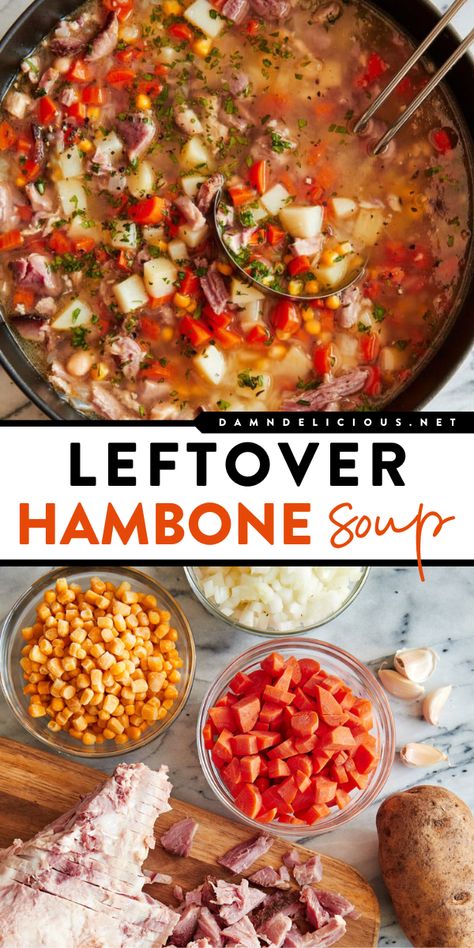 Look forward to this Easter dinner idea! It's an Easter main dish recipe if you're wondering what to make with leftover hambone. There's nothing like a bowl of this hambone soup with potatoes. It's hearty and super flavorful! Leftover Ham Recipes Soup, Hambone Soup Recipes, Hambone Soup, Sweet Ham, Soup With Potatoes, Holiday Soups, Fall Dinner Ideas, Soup With Ham, Ham And Potato Soup