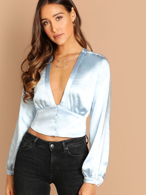 Deep V-Neck Satin Button Front Bishop Sleeve Blouse -SheIn(Sheinside) Deep Neck Tops, Deep V Neck Blouse, Satin Tops, Bishop Sleeve Blouse, Diy Vetement, Trendy Dress Outfits, Blouse Pattern Sewing, Satin Blouses, Plain Tops