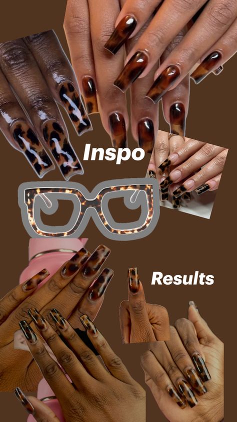 Perfect for brown lovers, glasses wearers, and the fall🍂. Acrylics nails with gel top. Fall Nail Set Ideas, Nail Ideas Fall 2024, Fall Nails Coffin Shape, Nails Collage, Tortishell Nails Design, Tortoise Nails, Tortoise Shell Nails, Nails With Gel, Shell Nails