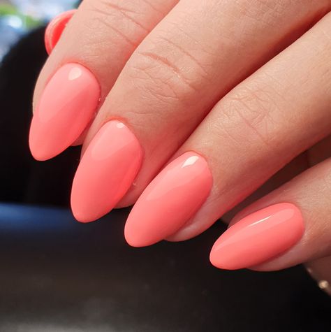 Almond shaped coral gelnails Coral Pink Acrylic Nails Almond, Coral Round Nails, Coral Pink Almond Nails, Oval Coral Nails, Coral Nails Almond Shape, Peach Nail Ideas Coral, Almond Peach Nails, Peach Coral Nails, Coral Dip Nails