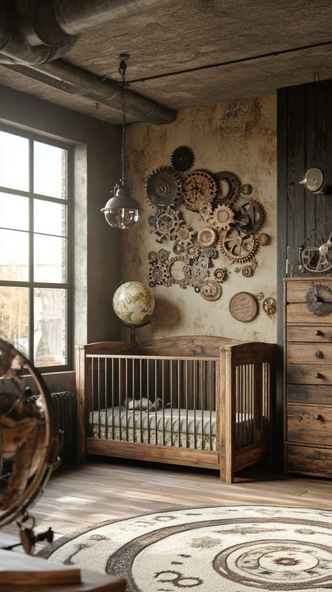 Industrial-style gender-neutral nursery with vintage gears, wooden crib, rustic dresser, floral rug, and soft lighting. Vintage Style Nursery, Vintage Gender Neutral Nursery, Steampunk Nursery, Vintage Train Nursery, Americana Nursery, Travel Themed Nursery, Baby Mechanic, Vintage Airplane Nursery, Vintage Baby Rooms