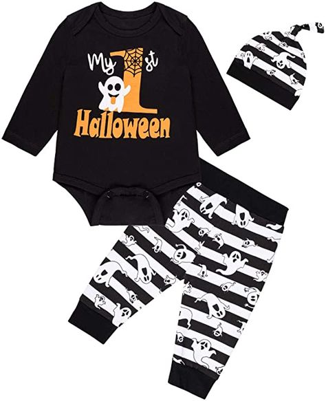 100% Cotton Suitable for Halloween, costume party, photography, daily wear or playing outside Super funny Halloween pumpkin print, make your baby more charming and adorable A great Halloween costume party outfit, also a best birthday or baby shower gift for baby The romper had some buttons, easy to you changing the diapers or easyily wear Package Includes: One Romper + One Pants + One Hat #baby-hallween#halloween-tshirt #halloween-costume #baby-product Halloween Baby Boy, Baby Boy Halloween Outfits, Shredded Jeans, Baby Boy Halloween, My First Halloween, Promoted To Big Sister, Great Halloween Costumes, Baby Boy Pants, Ghost Print