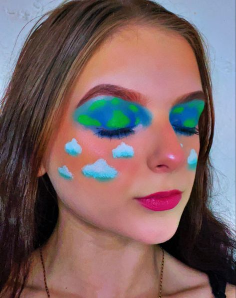 cloud makeup. earth makeup. world makeup. earth day makeup. makeup inspo. makeup ideas. eyeshadow. blue eyeshadow. green eyeshadow. clouds. earth day. Earth Day Makeup, Earth Makeup, Earthy Makeup, Cloud Makeup, Eyeshadow Green, Day Eye Makeup, Eyeshadow Blue, Painted Earth, Inspo Makeup