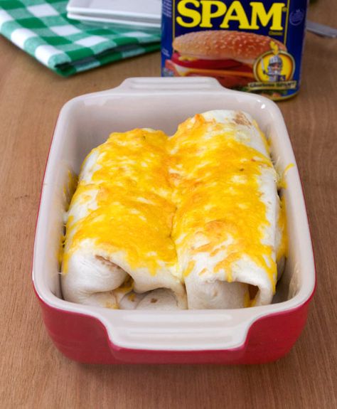 Spam Breakfast Burritos In The Pan Spam Breakfast Ideas, Spam Dishes, Spam Breakfast, Spam Recipes Dinners, Small Recipes, Cold Sandwich Recipes, Freezer Breakfast Burritos, Spam Recipes, Heathy Snack