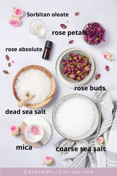 Diy Bath Salts With Flowers, Rose Bath Salts Recipe, Rose Bath Salts Diy, Bath Salts Diy Recipes, Rose Petal Bath Salts, Floral Bath Soak, Bath Soak Recipe, Floral Bath Salts, Bath Tea Bags