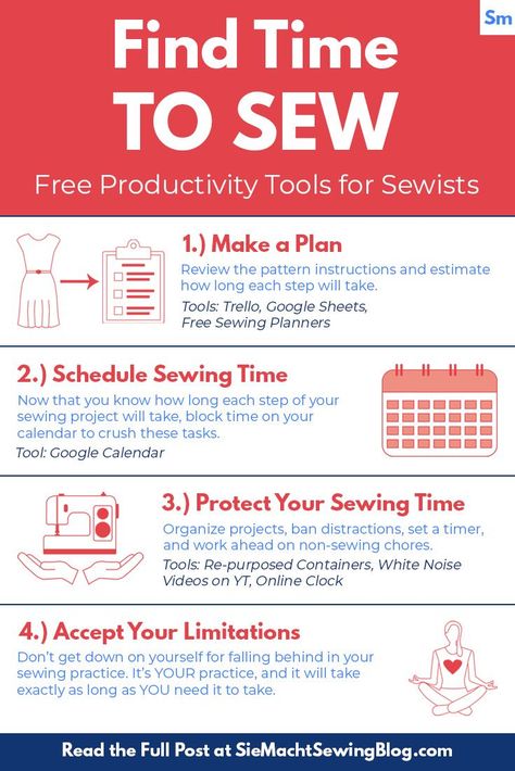 Making time to sew doesn’t involve practicing witchcraft, bending the space-time continuum, or employing a live-in nanny (although on-call child care would go a long way toward sewing productivity). If finding time to sew is one of your chief sewing challenges, here are time-creating steps and free productivity tools to get your own sewing system up and running. | how to make time for sewing | finding time to sew | productivity hacks | productivity hacks DIY crafts | productivity for creatives Start Sewing, Sewing Basics For Beginners, Sewing Business Ideas, Sewing Machine Infographic, Sewing Machine Needle Guide Cheat Sheets, Sewing Machine Maintenance, Best Sewing Books For Beginners, Getting Started Sewing Machine, Sewing Studio Space