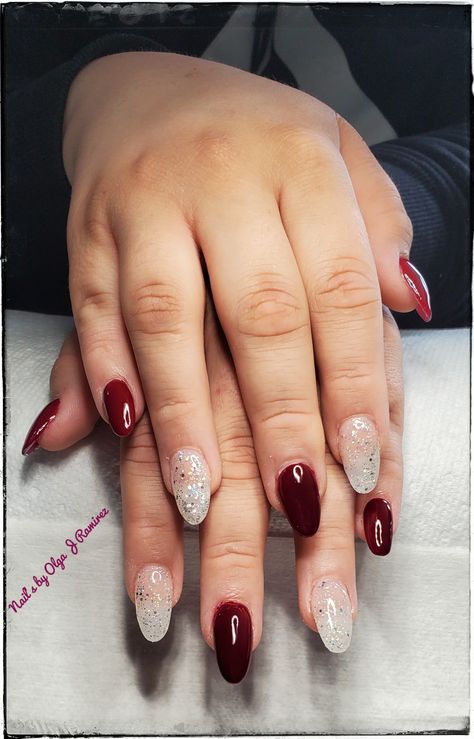 Maroon And Silver Nails, Maroon And White Nails, Burgundy And Silver Nails, Colored French Nails, Grad Nails, Prom 23, Maroon Nails, Short Almond Nails, Cow Nails