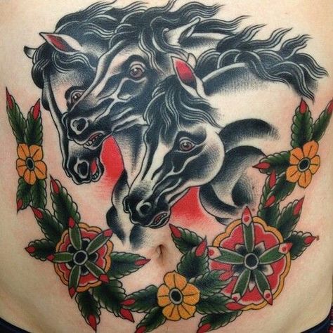 Pharaoh's Horses Horses Tattoo, Abdomen Tattoo, Cobra Tattoo, Traditional Tattoo Old School, Girl Back Tattoos, Western Tattoos, Floral Tattoo Sleeve, Stomach Tattoos, Horse Tattoo