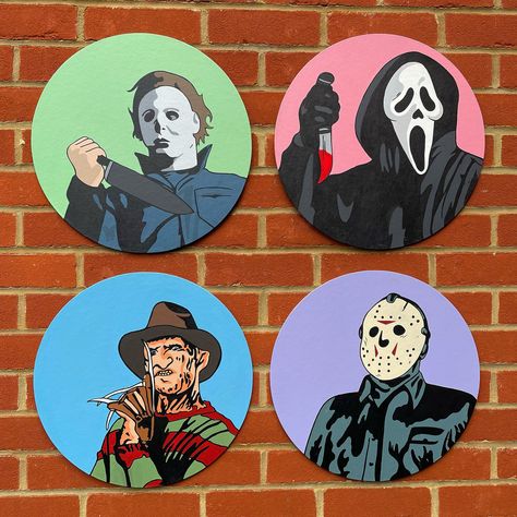 Slasher icon canvases  40cm diameter  Hand painted acrylic on canvas board  £50 individually  Great gift Can do custom orders Horror Movie Characters Painting, Saw Painting Ideas Horror, 2 Piece Artwork, Horror Movies Paintings, Ghostface Painting Easy, Oogie Boogie Painting Canvas, Things To Paint Halloween, Horror Movie Paintings, Horror Paintings Easy