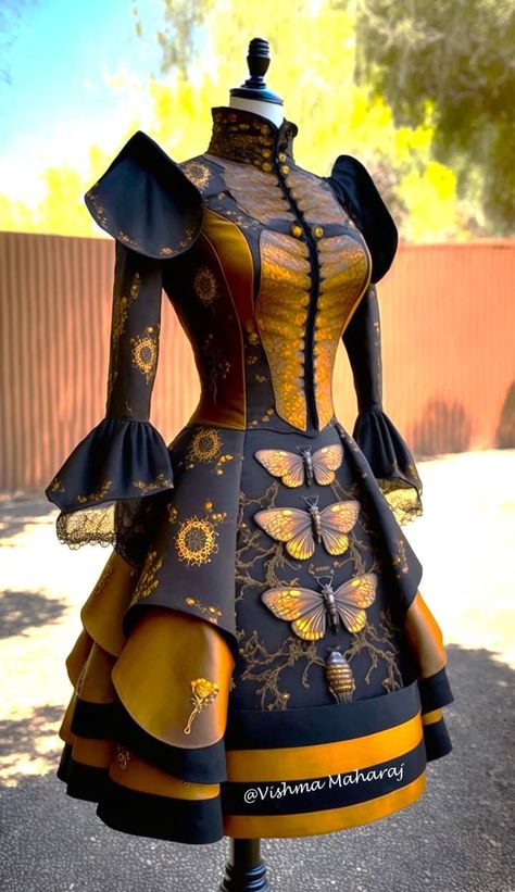 Bee Armor, Vishma Maharaj, Fantasy Costume Design, Full Sleeve Dress, Costume Inspirations, Short Frock, Round Neck Dress, Fantasy Dresses, Steampunk Costume