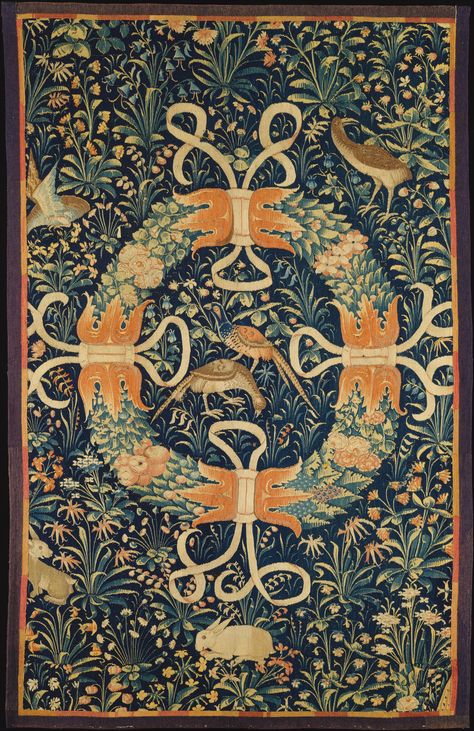 Wreath on a Ground of Flowers, Birds, and Rabbits, ca. 1490-1550. South Netherlandish. Bequest of George D. Pratt, 1935. Met Museum. Medieval Ornament, Textile Tapestry, Medieval Tapestry, Fabric Wall Hanging, Art Tapestry, Life Symbol, Diy Carpet, Medieval History, Wreath Ideas