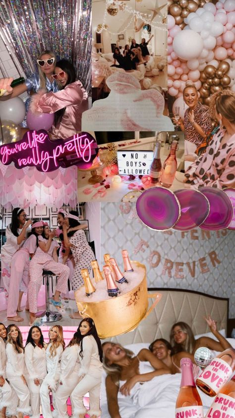 Hen Do Pj Party, Pink And Gold Bachelorette Party, Bach Pj Party, Disco Slumber Party, Prosecco And Pajama Party, Pj Party Bachelorette, Slumber Party Adult, Bachelorette Party Theme Nights, Adult Pj Party Ideas