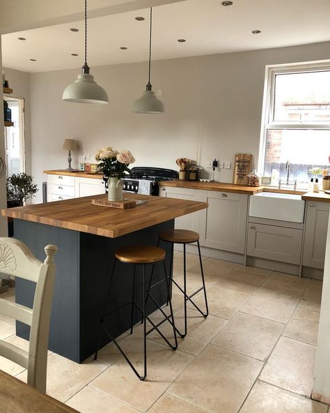 Modern Retro Kitchen, Wooden Worktops, Navy Kitchen, Belfast Sink, Cabin Kitchen, Cream Kitchen, Open Plan Kitchen Dining, 1930s House, Two Tone Kitchen