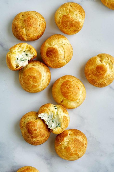 Garlic & Herb Savory Profiteroles - Proportional Plate Choux Pastry Appetizer, Savory Cream Puffs Appetizers, Savory Cream Puffs Filling, Savoury Cream Puffs, Savory Tea Snacks, Savoury Choux Pastry, Savory Fillings For Puff Pastry, Savory Cream Cheese Filling, Savory Petit Fours