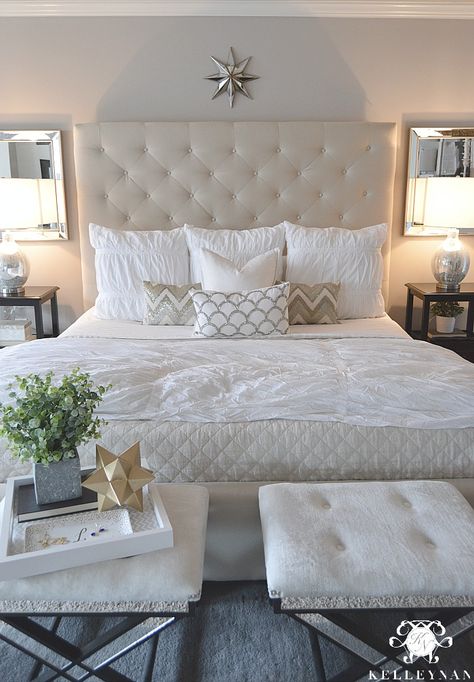 Kelley Nan: Master Bedroom Update- Calming White and neutral master bedroom with tufted ottoman stools, Pottery Barn Tall Lorraine Headboard, Diamond linen quilt and hadley ruched duvet Bedroom Updates, Room Decor Bedroom Teenage, White Bedroom, Beautiful Bedrooms, Dream Bedroom, Room Decor Bedroom, تصميم داخلي, Bedroom Makeover, Bedroom Diy