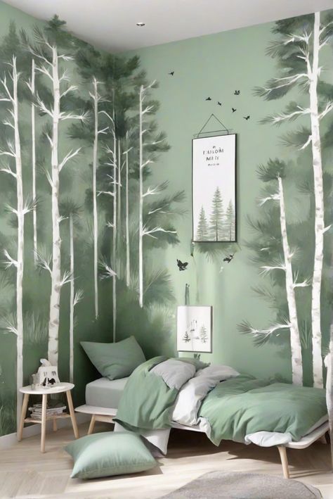 home decor interior design, interior bedroom design, designer wall paint, home paint colors Forest Wall Painting Ideas, Forest Wall Mural Painted Diy, Green Childrens Bedroom, Kids Forest Bedroom, Wall Murals Painted Diy, Sustainable Living Room, Artsy Decor, 2024 Bedroom, Light Colored Furniture