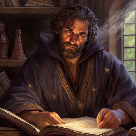 male human wizard with brown hair and a beard, he is rough yet handsome, learned and wise, he is wearing grey robes, studies history and magic, has a furrowed brow yet kind, sitting at a desk with a book of notes, in a cottage with wood furnishings Human Alchemist Dnd, Middle Aged Wizard, Young Wizard Male, Human Wizard Male, Handsome Wizard, Bearded Wizard, Wizard Rpg, Wizard Character Design, Wizard Portrait