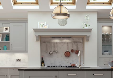 Light grey shaker kitchen, Georgia smooth painted range featuring a beautiful overmantle shelf above a range cooker with kitchen island unit Light Grey Shaker Kitchen, Small Country Kitchens, Light Grey Kitchen, Kitchen Mantle, Shelving Kitchen, Small Farmhouse Kitchen, Light Grey Kitchens, Plain Frames, Mantel Design