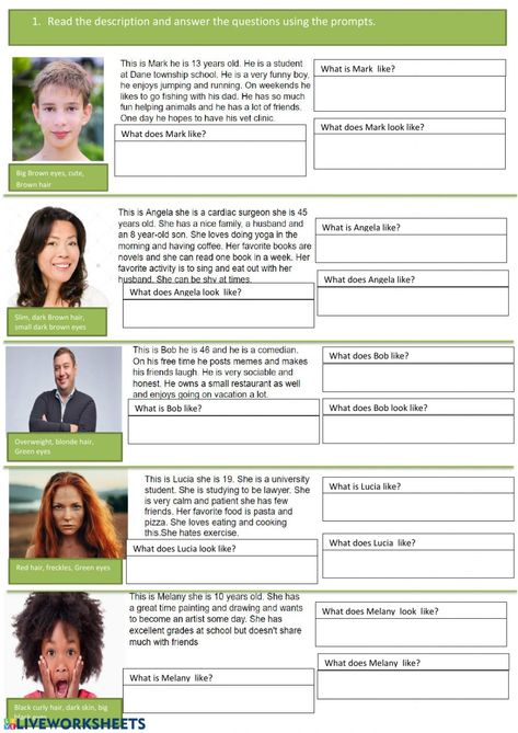 Esl Describing People, Esl Projects, Description Of A Person, Appearance Worksheet, Live Worksheet, English Pictures, Descriptions Of People, Describing People, Character Worksheets