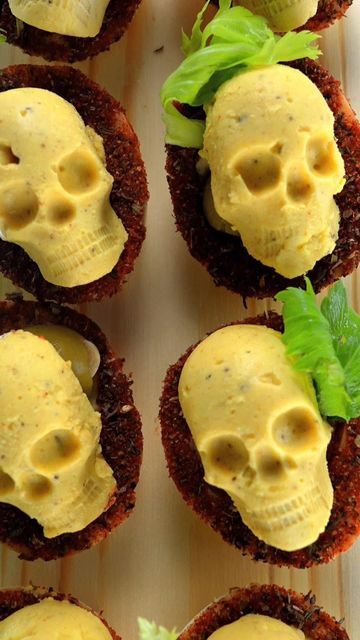 Atkins on Instagram: "Never show up to a #Halloween party empty-handed! 💀 🥚 Try SPOOK-ifying our Keto Bloody Mary Deviled Eggs Recipe: [link in bio] 3.3g Protein 1.9g Fat 0.4g Fiber 69.4cal 0.5g net carbs" Spooky Halloween Deviled Eggs, Halloween Party Deviled Eggs, Deviled Eggs Halloween Appetizers, Skull Deviled Eggs, Spiderweb Deviled Eggs, Halloween Deviled Eggs, Deviled Eggs Recipe, Halloween Dinner, Halloween Desserts