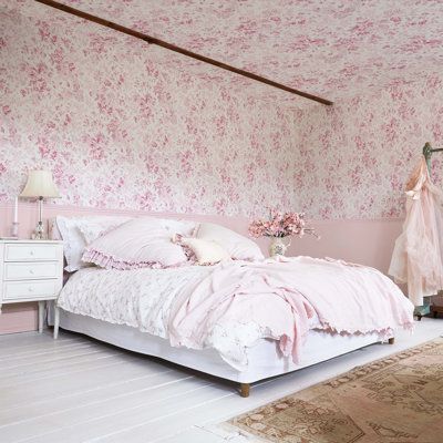 A beautiful study in contradictions, the Rachel Ashwell Romantic Rose wallpaper is an enchanting floral array of abundant blooms and cascading leaves in two ethereal tonal colourways. Inspired by the serene contrast of vivid vintage florals and bright whites in Rachel’s English countryside home, this print is a traditional garden rose chintz reimagined in a softer, quieter palette, ideal for creating a maximalist moment in a minimalist’s world. Color: Pink | Red Barrel Studio® Rachel Ashwell Rom English Countryside Home, Rose Pink Wallpaper, Countryside Home, Pink Floral Wallpaper, Striped Tile, Blue Shabby Chic, Rachel Ashwell Shabby Chic, Floral Room, Vintage Florals