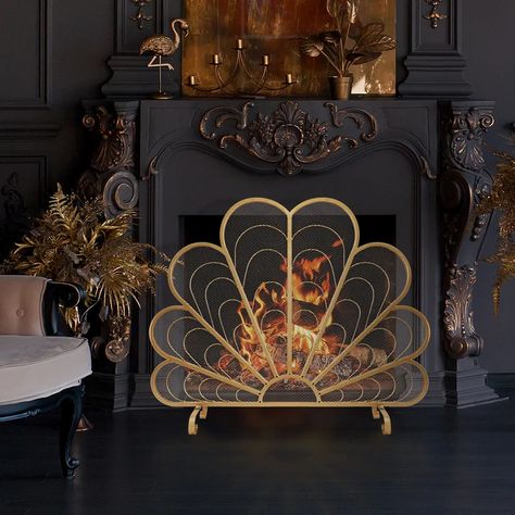 Mercer41 Peacock Feather Shaped Fireplace Screen & Reviews - Wayfair Canada Art Deco Decoration, Fireplace Area, Metal Peacock, Metal Fireplace, Iron Fireplace, Freestanding Fireplace, Fireplace Screen, Fireplace Screens, Indoor Fireplace