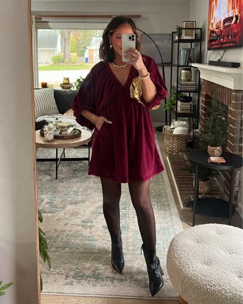 Velvet Dress With Mary Janes, Velvet Dress Tights, Velvet Dress Tights Outfit, Mini Dress And Pantyhose Outfit, Office Christmas Party Dresses, Velvet Mini Dress Outfit Winter, Christmas Dinner Outfits For Women, Christmas Minis Outfits, Midsize Christmas Outfit