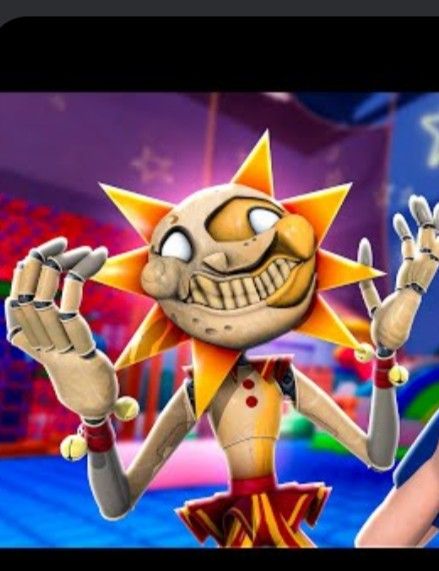 A screenshot a sun and moon show thumbnail with the top ray of sun gone, it looks like he's going bald. The Sun And Moon Show, Eclipse Fnaf, Fnaf Ruin, Moon Things, Sun And Moon Show, Fnaf Animatronics, Eclipses Art, Castor And Pollux, Moon Drawings