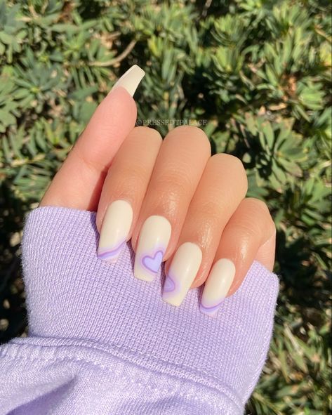 Lilac/Purple Heart Nails #pressonnails #lilac #trendy #nailart #nailaesthetic #nudenails Purple Nails White Heart, Coquet Nails, Purple Lilac Nails, Purple Hearts Nails, Purple Nails Heart, Short Lilac Nails, White And Purple Nails, Purple Heart Nails, Lilac Nails Design