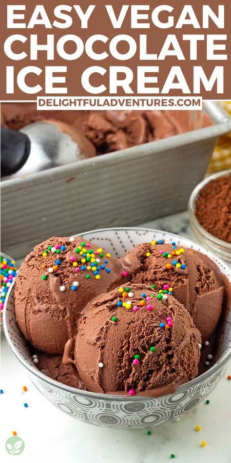 Indulgent, rich, and velvety homemade vegan chocolate ice cream that beats anything store-bought! With just a few ingredients and an ice cream maker / churn, you can whip up this creamy, melt-in-your-mouth treat that’s easy to scoop—never icy. It's completely dairy-free with no eggs, bananas, or nuts, and so delicious that no one will ever know it’s vegan. Vegan Chocolate Ice Cream Recipe, Homemade Vegan Chocolate, Vegan Chocolate Ice Cream, Banana Ice Cream Vegan, Non Dairy Ice Cream, Chocolate Frosty, Cuisinart Ice Cream Maker, Chocolate Ice Cream Recipe, Vegan Whipped Cream